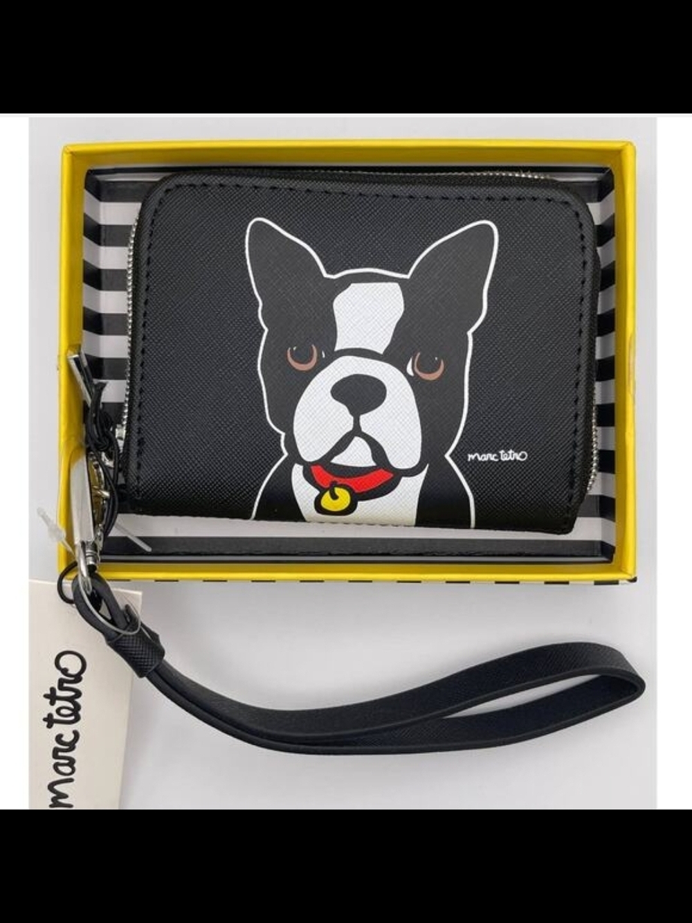 Marc Tetro Black Boston Terrier Zip Wallet with Wrist Strap